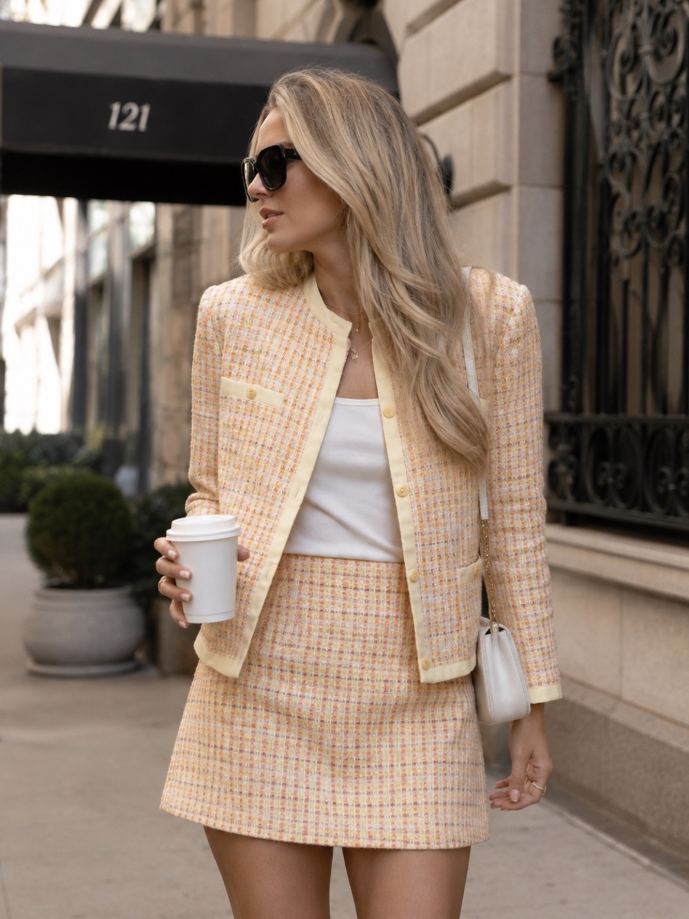Vintage Elements G Pastel Yellow Tweed Set Blazer/Jacket and Skirt, 8P